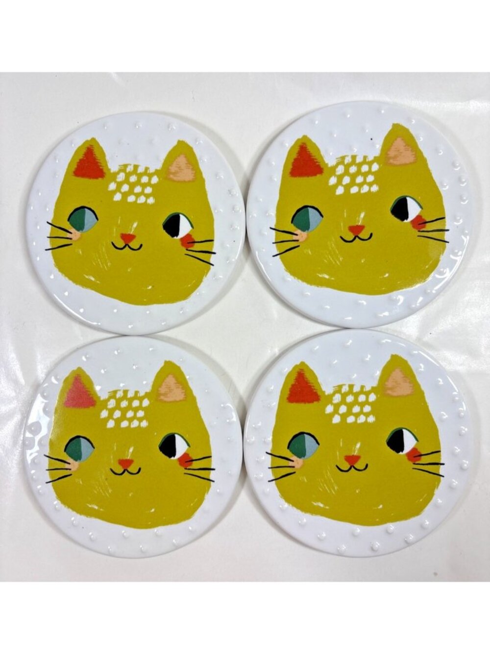 Danica Studio Meow Meow Ceramic Yellow Cat Face Coasters Set of 4
